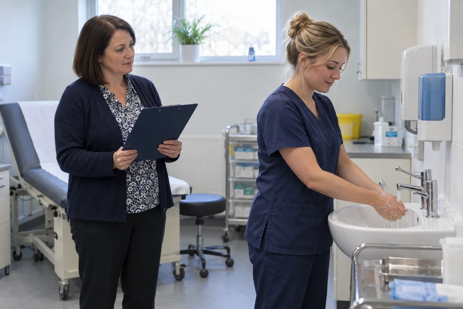 A nurse lead with a clipboard observing a colleague washing her hands at a clinical basin.