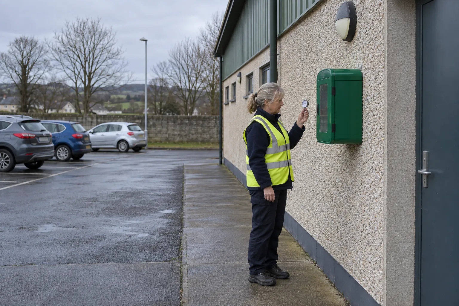 A caretaker reading a thermometer beside a green outdoor defibrillator cabinet on the wall of a sports hall.