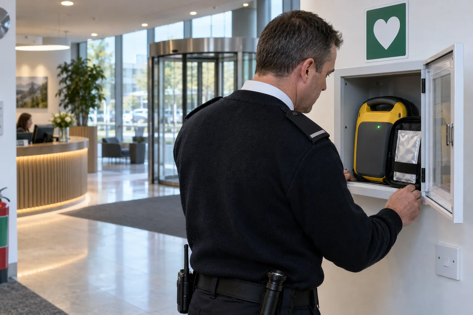 A security officer looking at the status light of a defibrillator in an open wall cabinet in an office foyer.