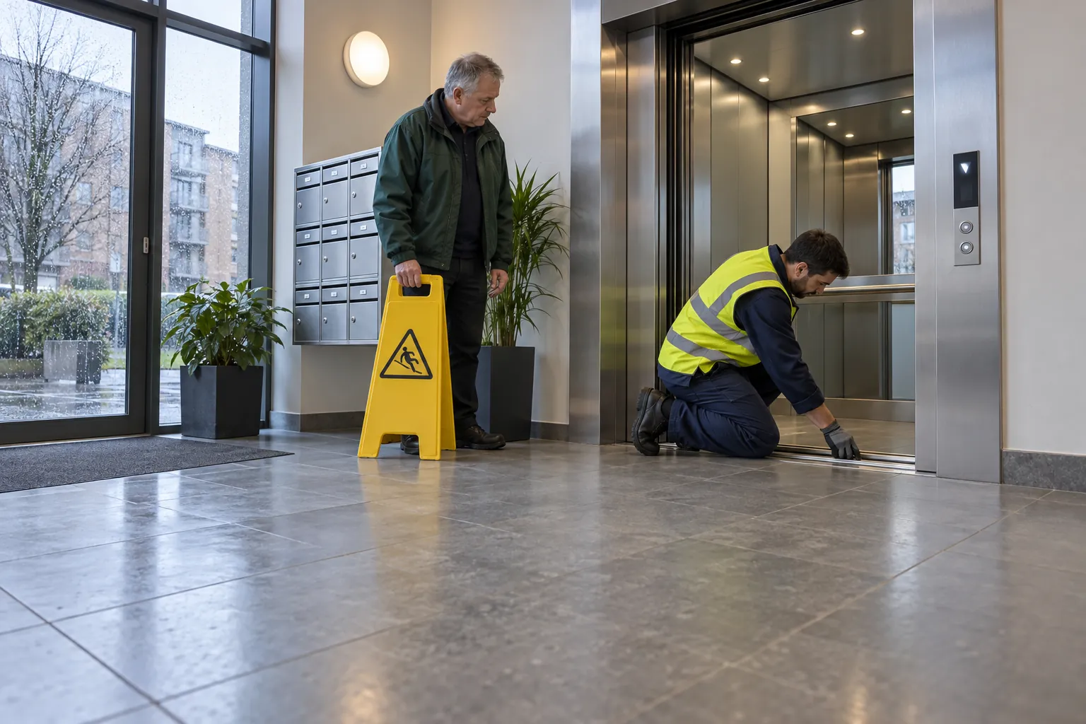A lift engineer checking the door track of a lift in an apartment lobby while a caretaker stands by a caution stand.