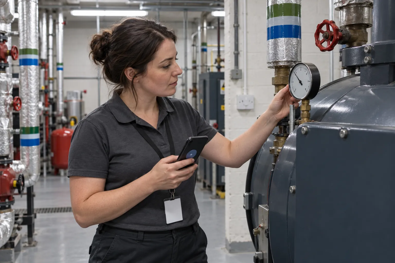 A facilities operative in a basement plant room checking a boiler pressure gauge, phone in hand.