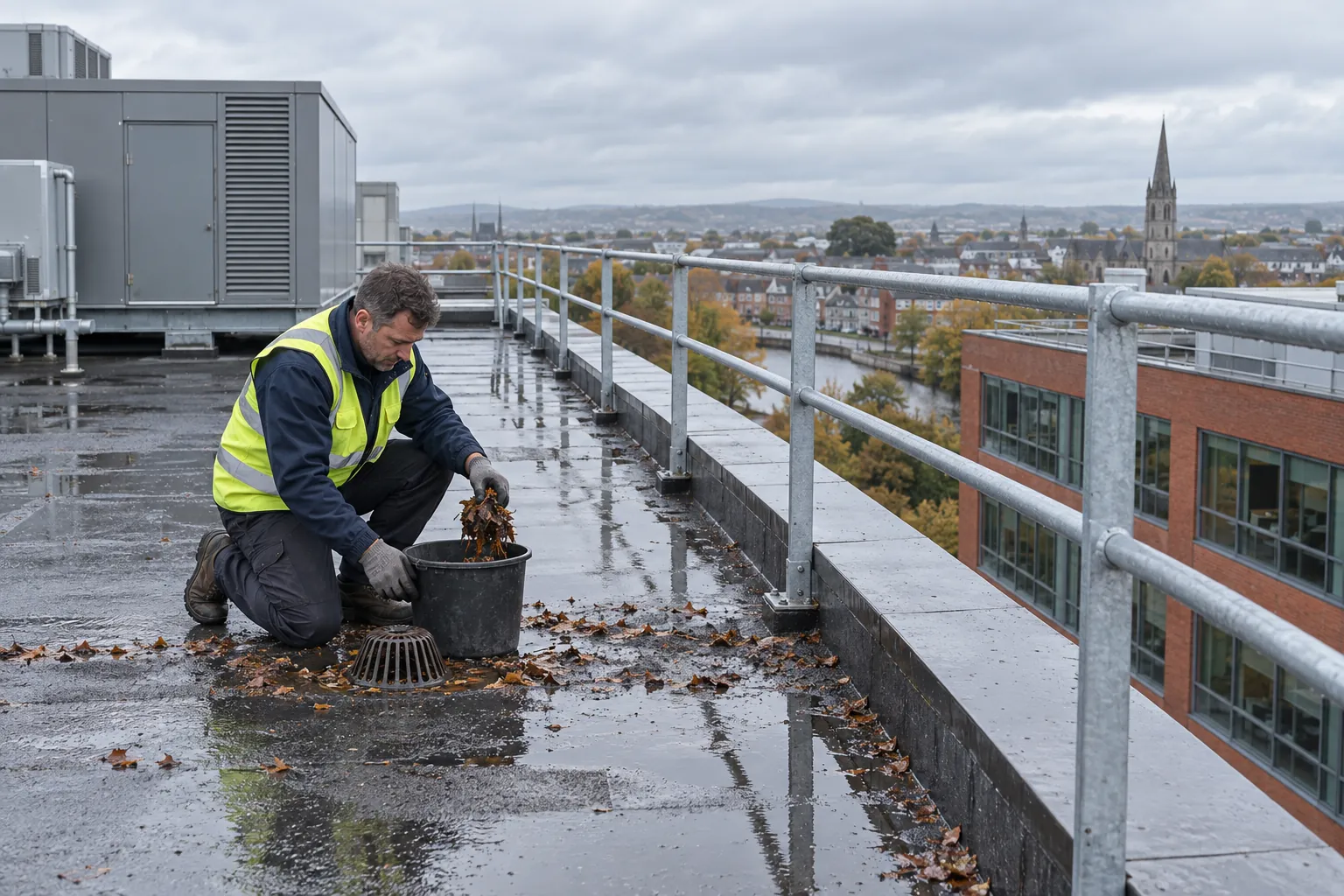 A maintenance technician kneeling on a flat office roof behind a guardrail, clearing wet leaves from a roof drain after rain.