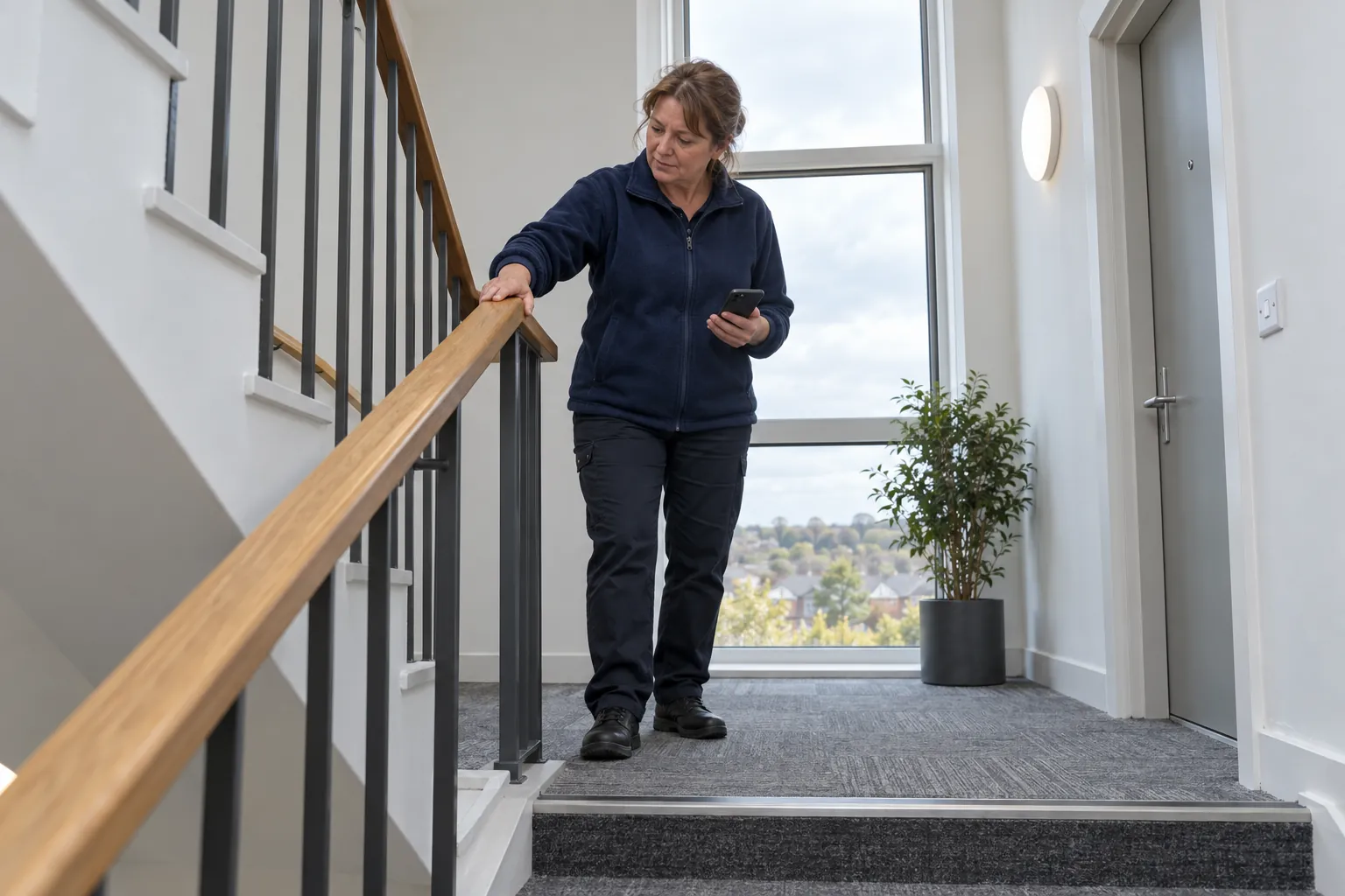 A caretaker checking the handrail on a landing of a new apartment block.