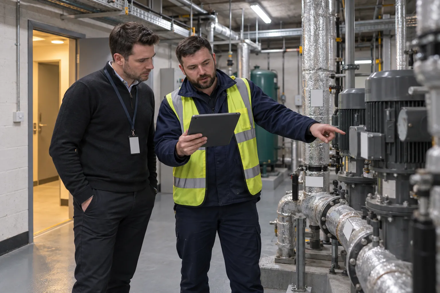 A facilities manager and an engineer looking at a tablet beside pumps and lagged pipes in a basement plant room.