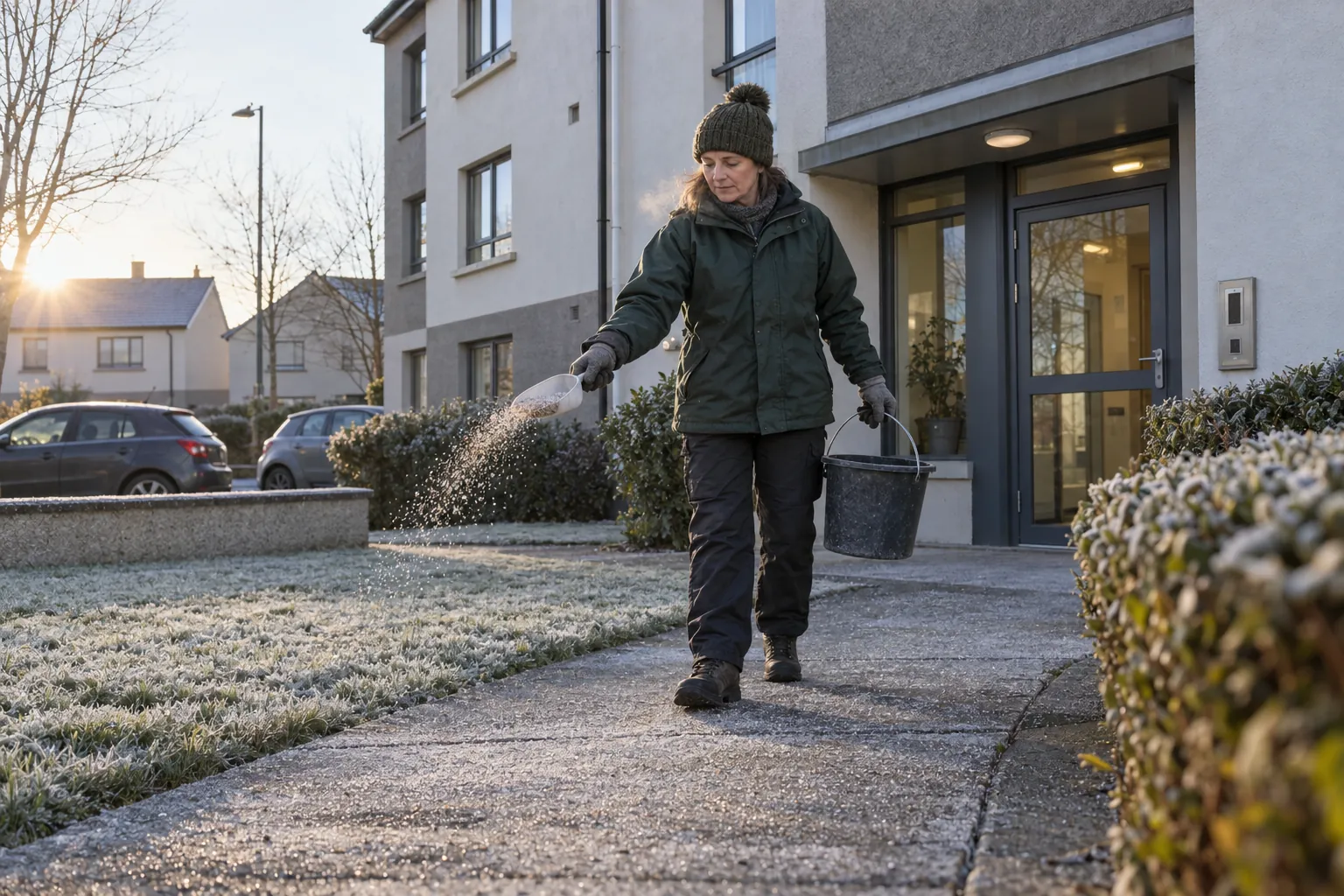 A caretaker spreading grit on a frosty footpath outside the entrance of an apartment development on a winter morning.
