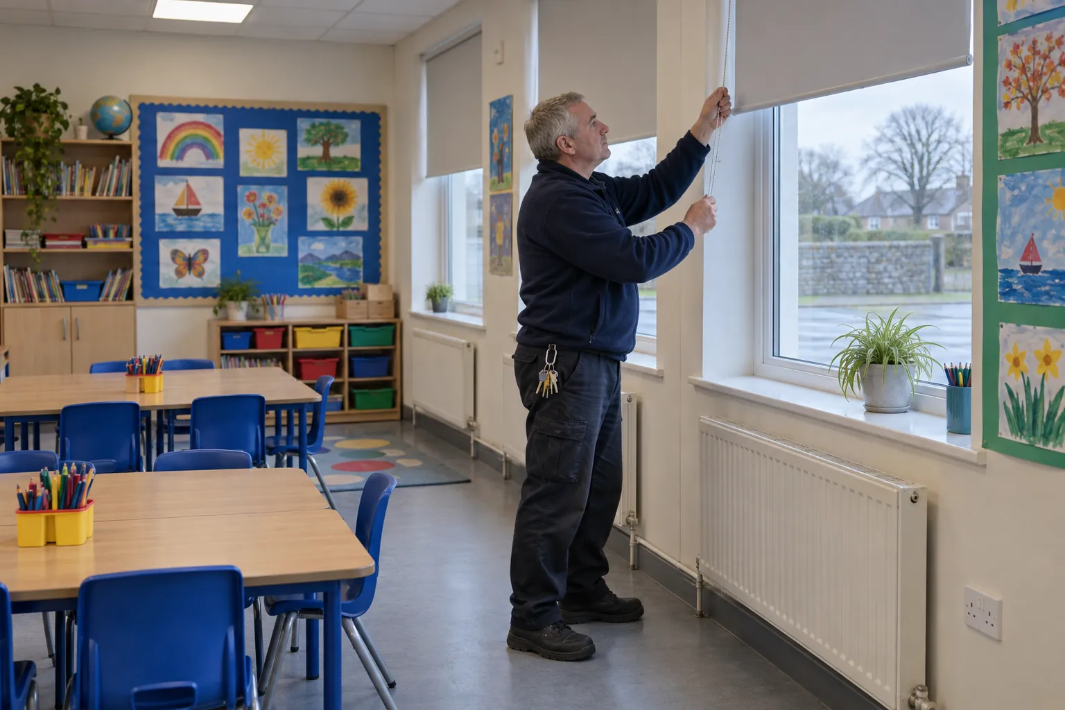 A school caretaker raising the blinds in an empty primary school classroom before the pupils arrive.