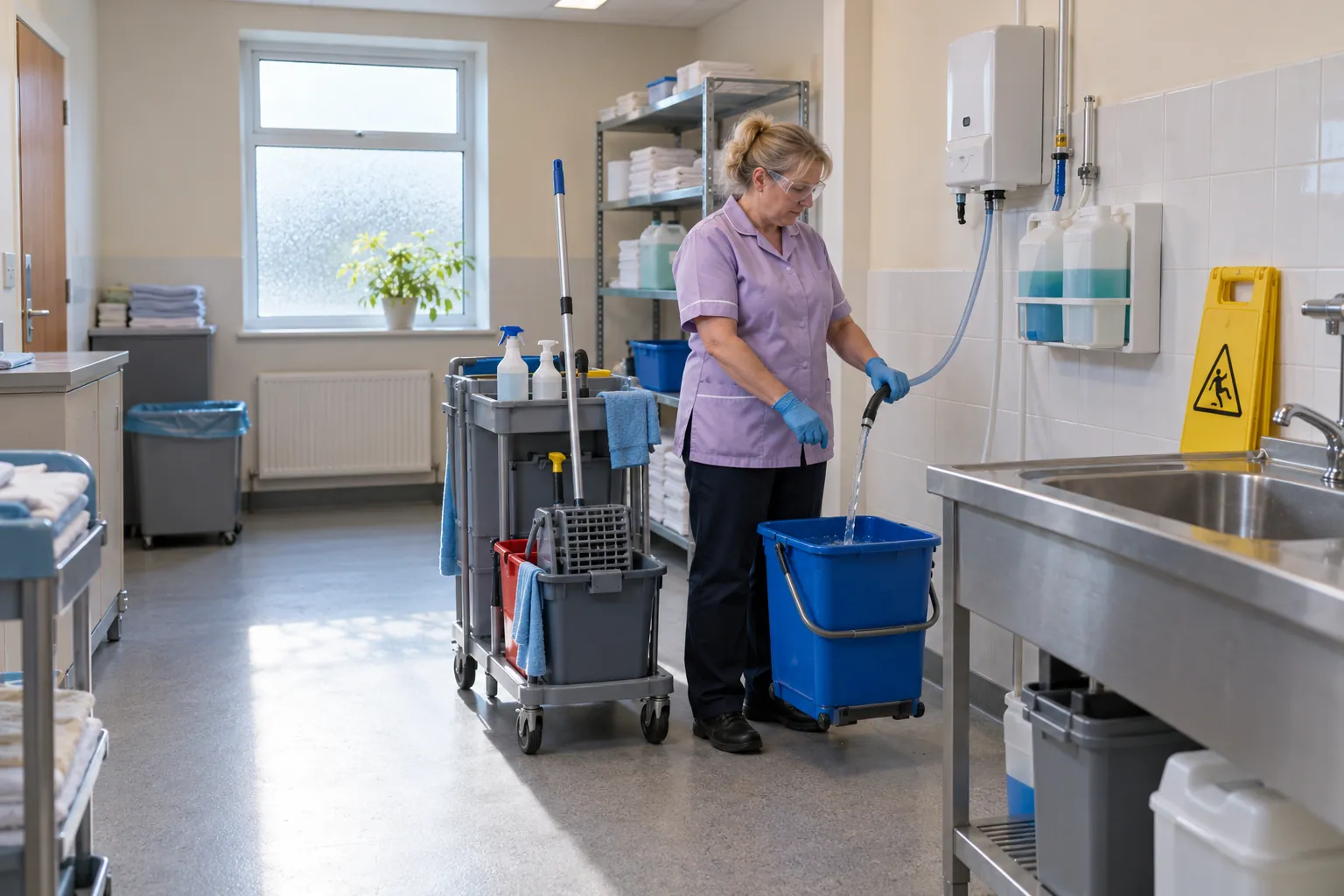 A cleaner in gloves and goggles filling a mop bucket from a wall-mounted dosing unit in a nursing home cleaners' room.