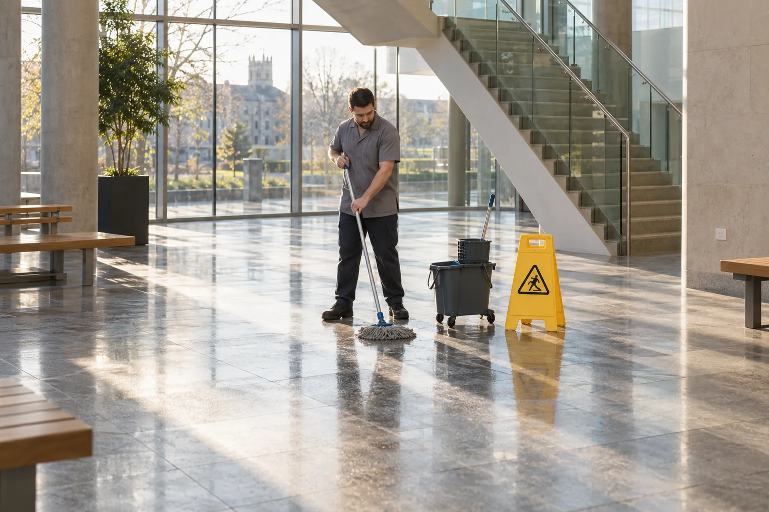 A cleaning operative mopping the floor of an empty college atrium early in the morning beside a wet-floor stand.