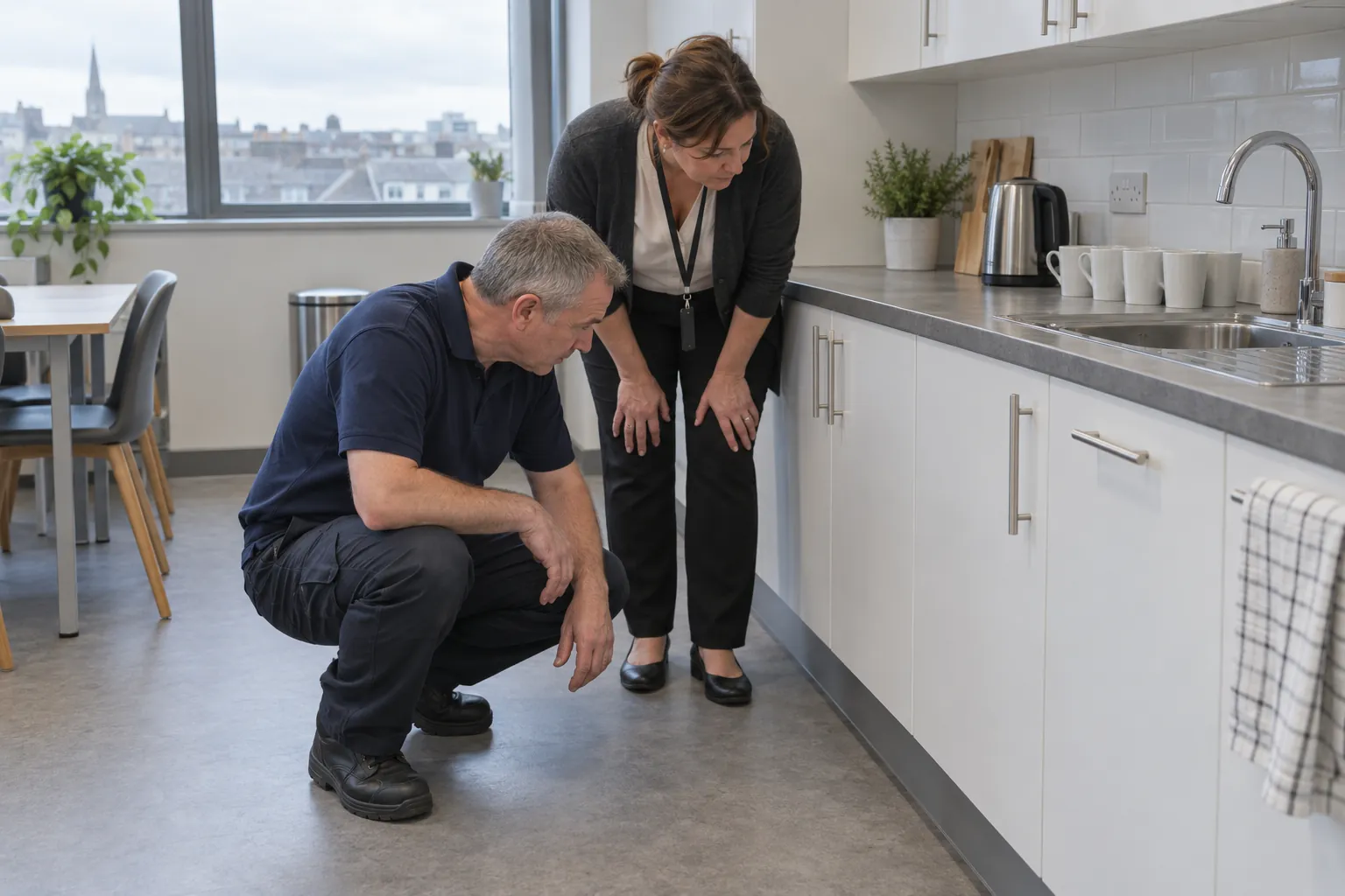 A facilities manager and a cleaning contract manager inspecting the skirting of an office staff kitchen together.