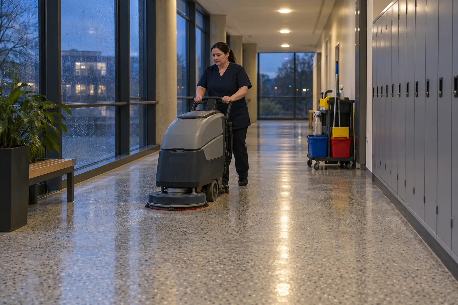 A cleaner guiding a scrubber-dryer along a college corridor in the early evening.