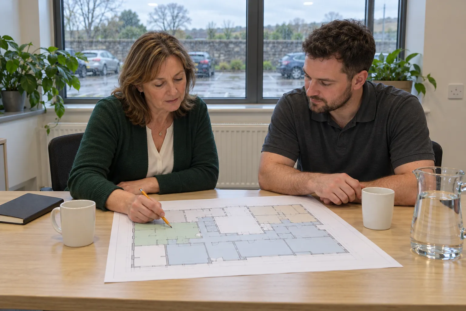 A facilities manager and a cleaning supervisor at a meeting table looking at a colour-shaded floor plan laid flat between them.