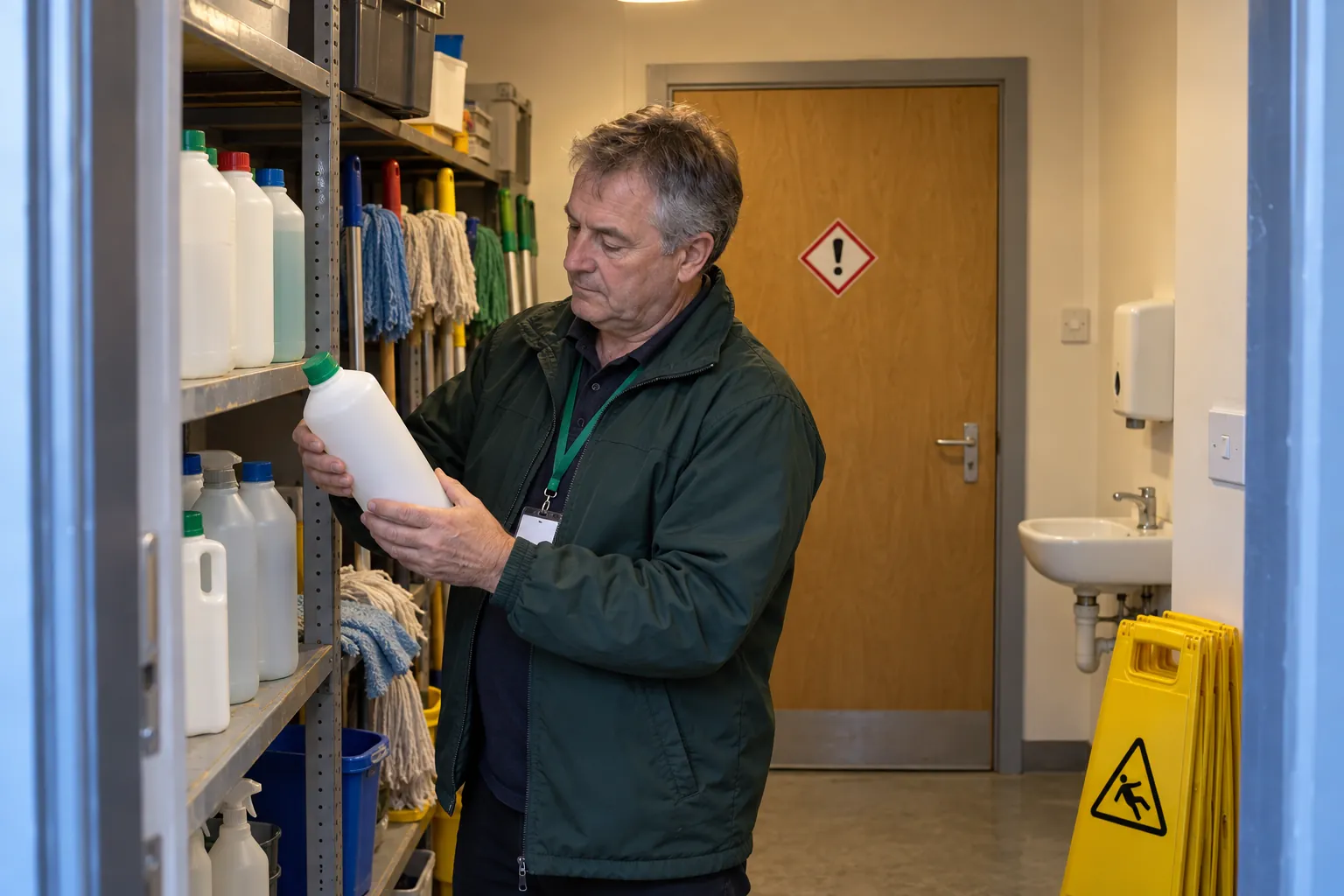 A supervisor checking chemical bottles and colour-coded mops on the shelves of a school cleaners' store.
