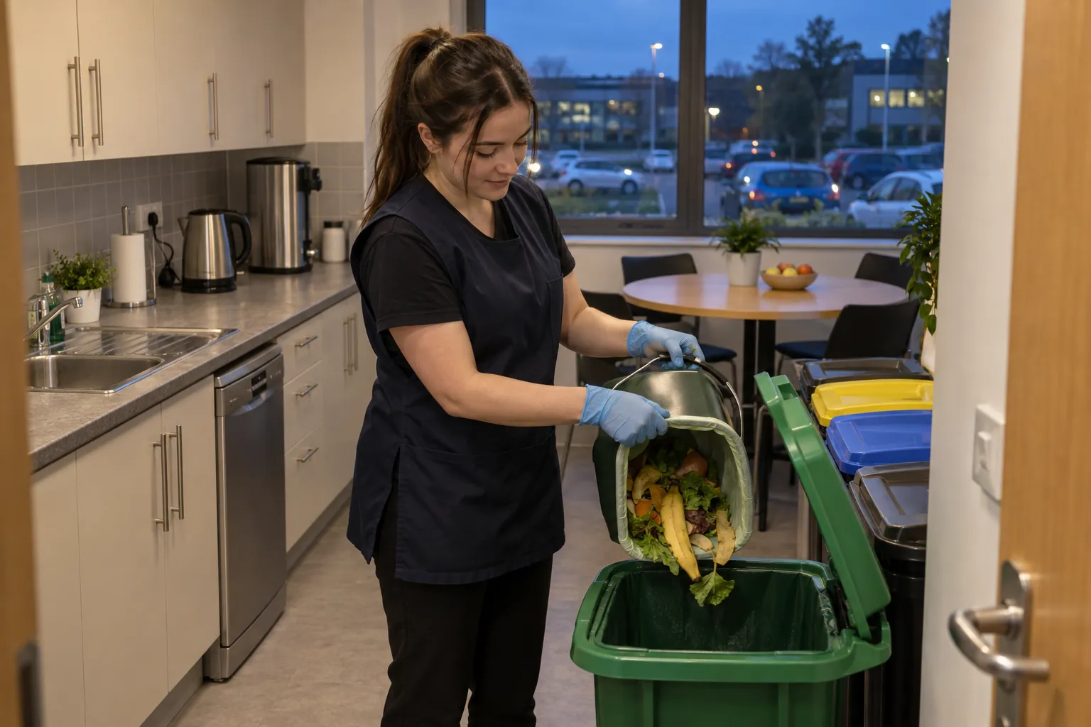 A cleaner emptying a food waste caddy beside recycling bins in an office staff kitchen in the evening.