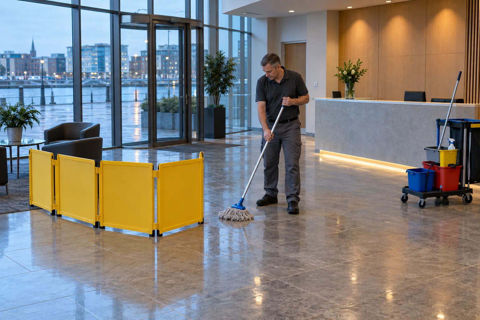 A cleaner mopping an office reception floor at dawn behind a yellow barrier, a cleaning trolley beside the empty reception desk.