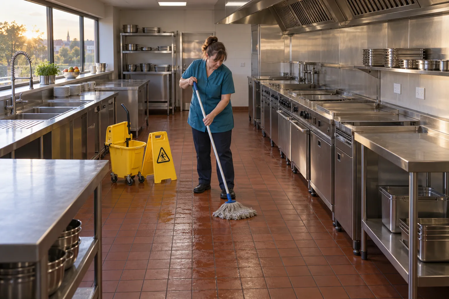 A cleaner mopping the tiled floor of a closed staff canteen kitchen in the evening beside a yellow wet-floor stand and a clean cooking line.