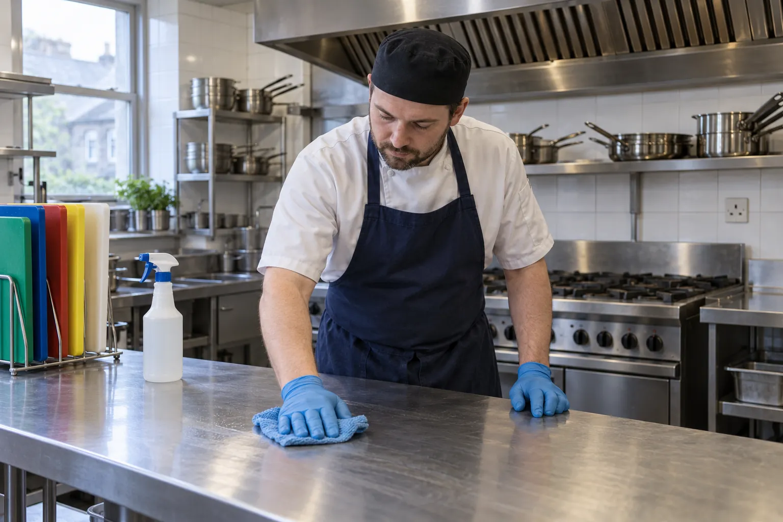 A kitchen porter in gloves and an apron wiping down a stainless steel preparation bench in a hotel kitchen after lunch service.