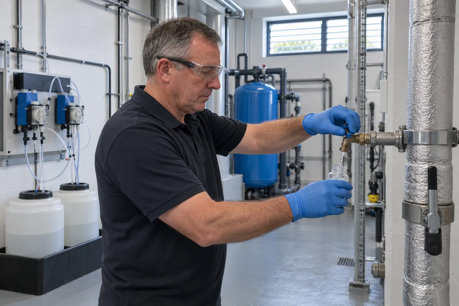 A technician in gloves filling a small sample bottle from a pipe beside a chemical dosing panel in a plant room.