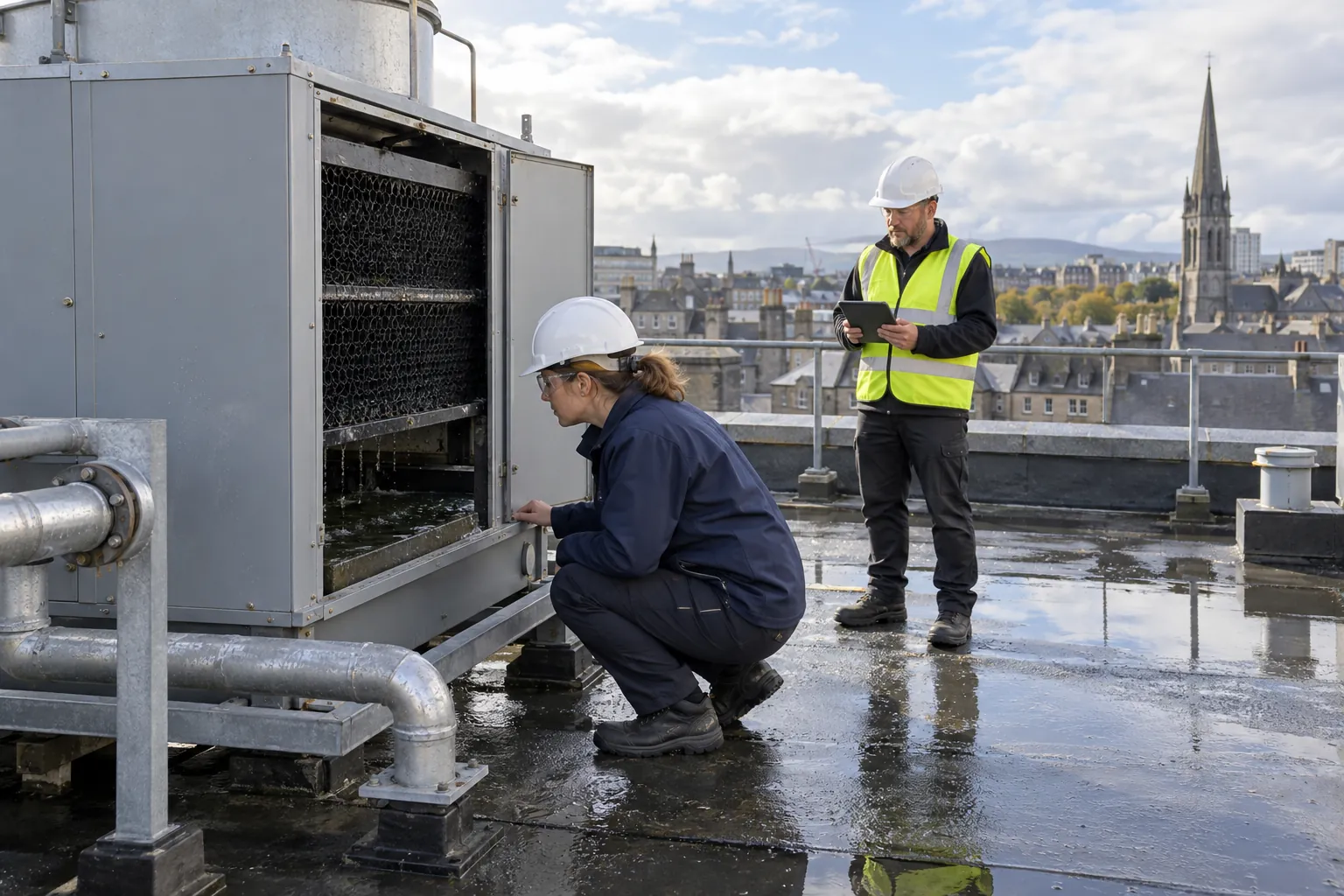 An engineer in a hard hat looking into the open panel of a cooling tower on a hotel roof while a colleague stands behind her with a tablet.
