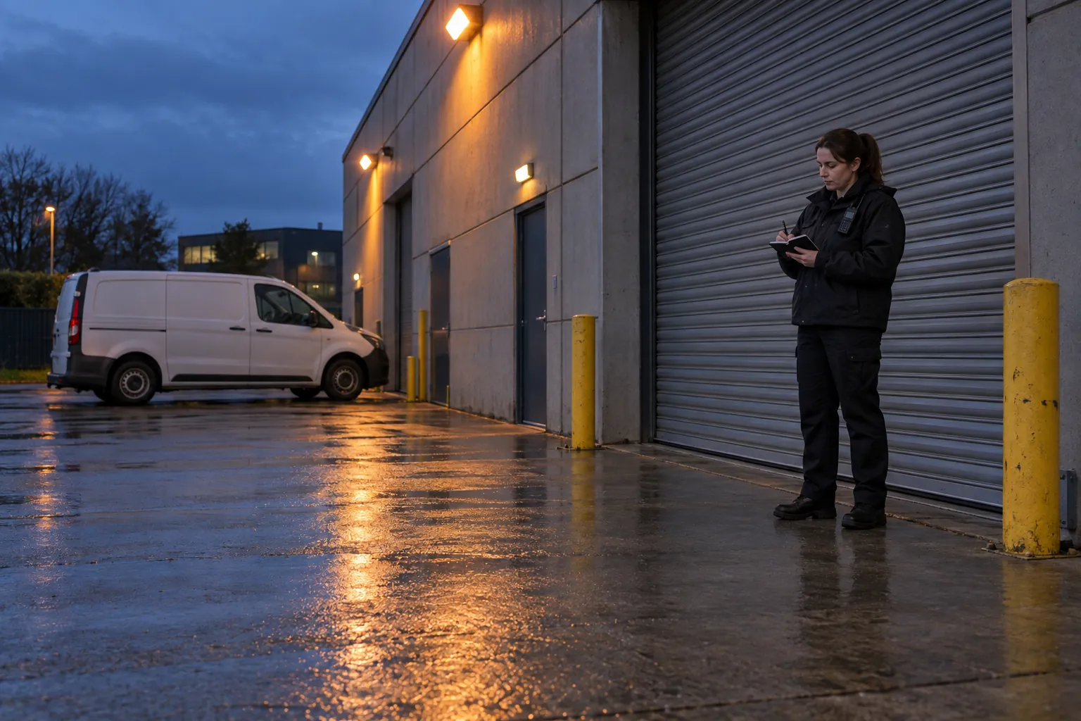 A security officer writing in a notebook beside a lowered roller shutter in a loading bay at dusk.