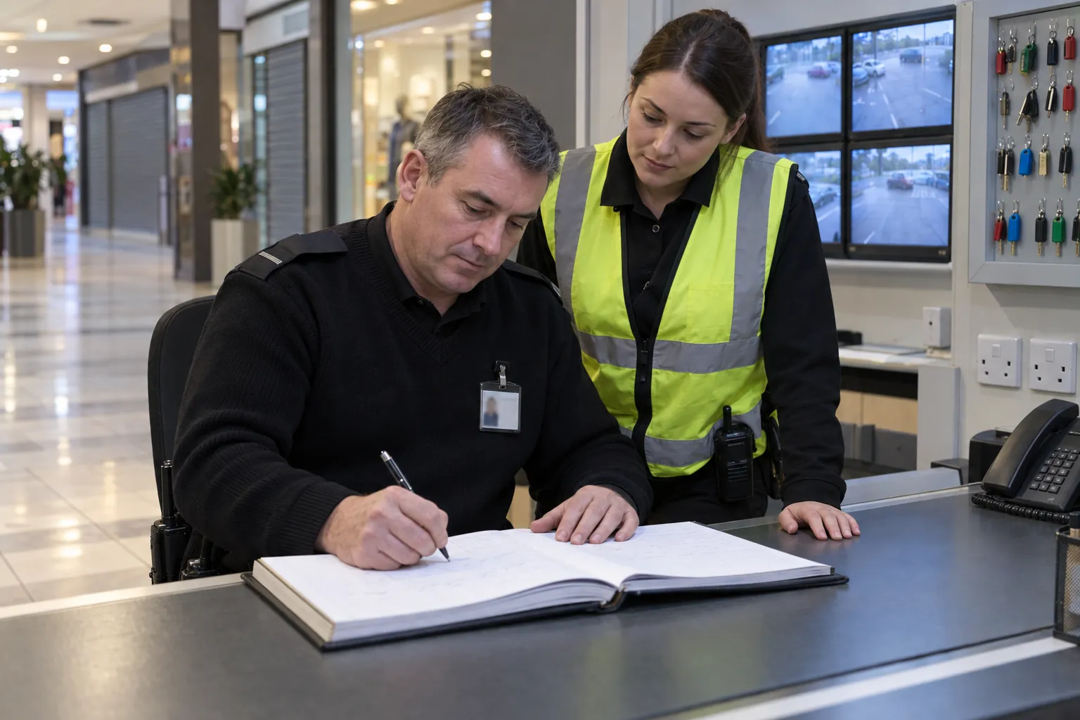Two security officers at a shopping centre security desk, one writing in a bound log book while the other reads.