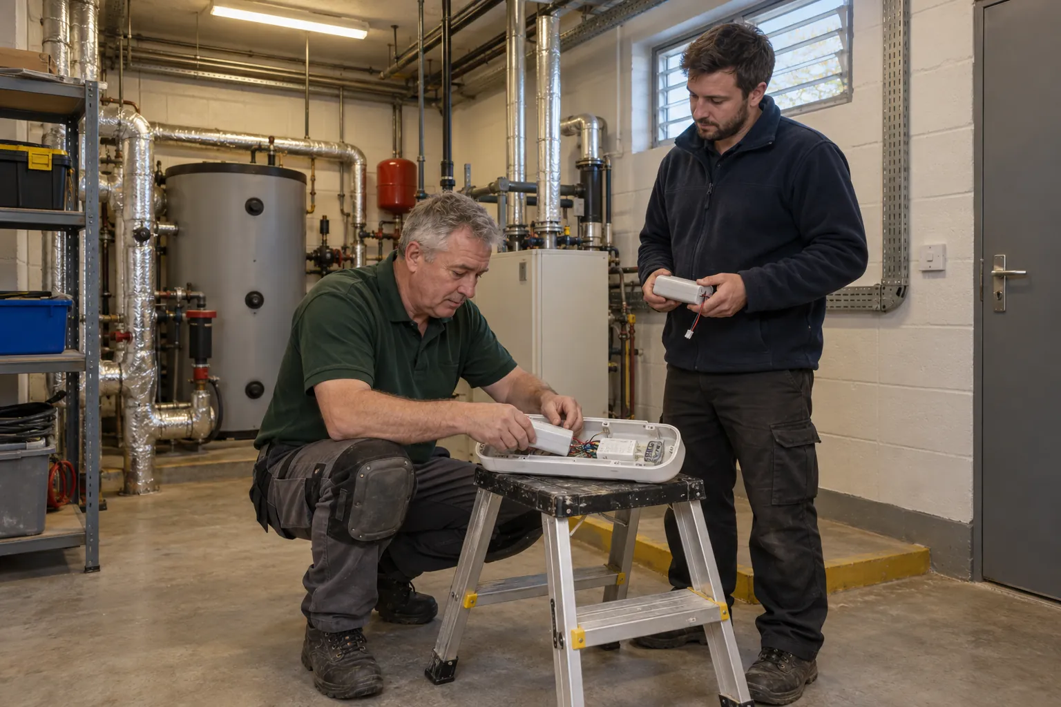 An electrician in a school plant room fitting a new battery into an emergency light resting on a stepladder while a caretaker watches.