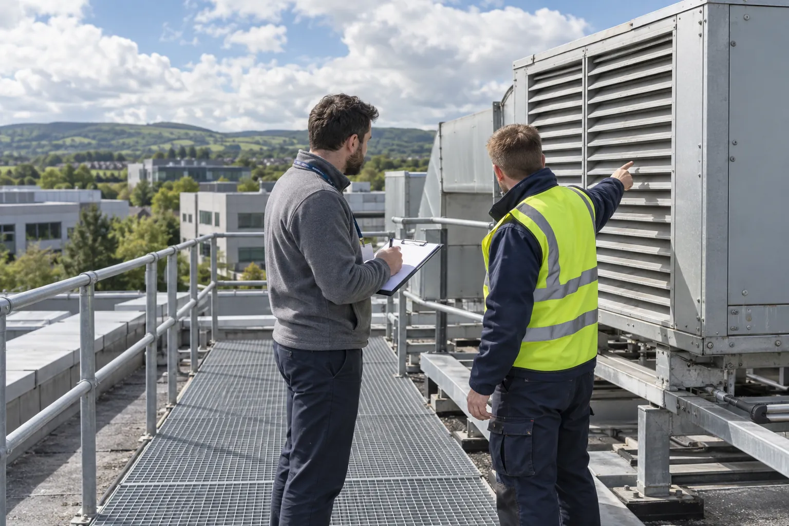A facilities manager with a clipboard and an engineer inspecting an air handling unit on an office roof.