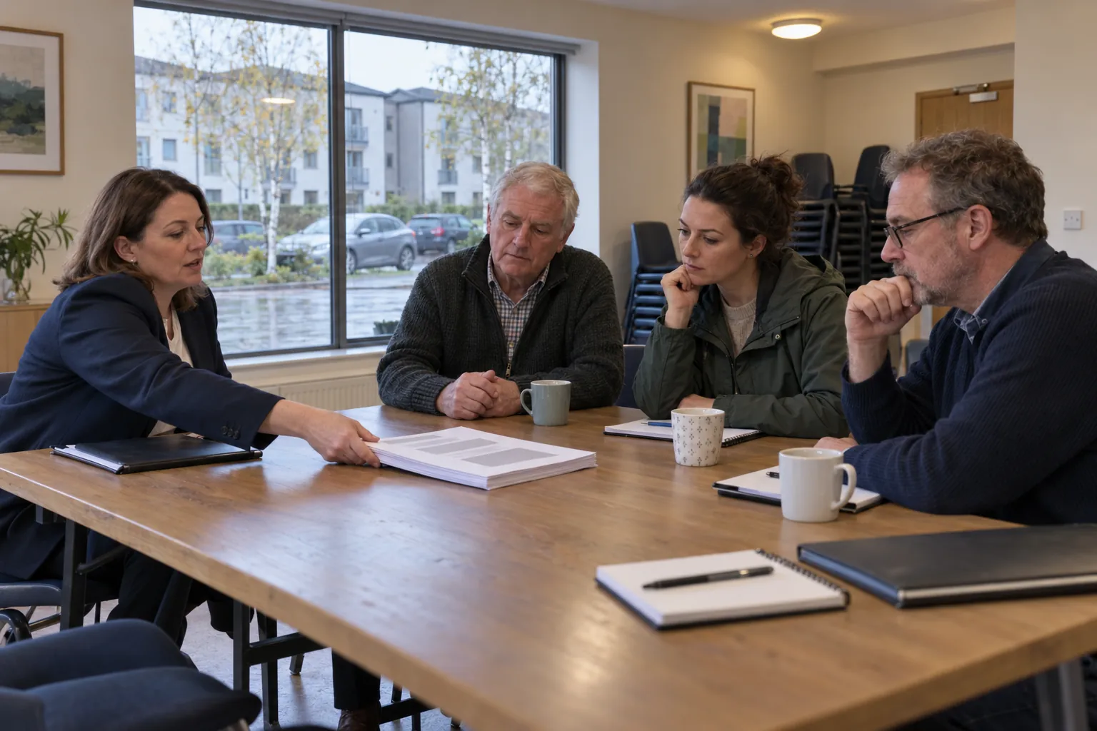 A managing agent going through a printed report with three residents at a table in an apartment block's meeting room.