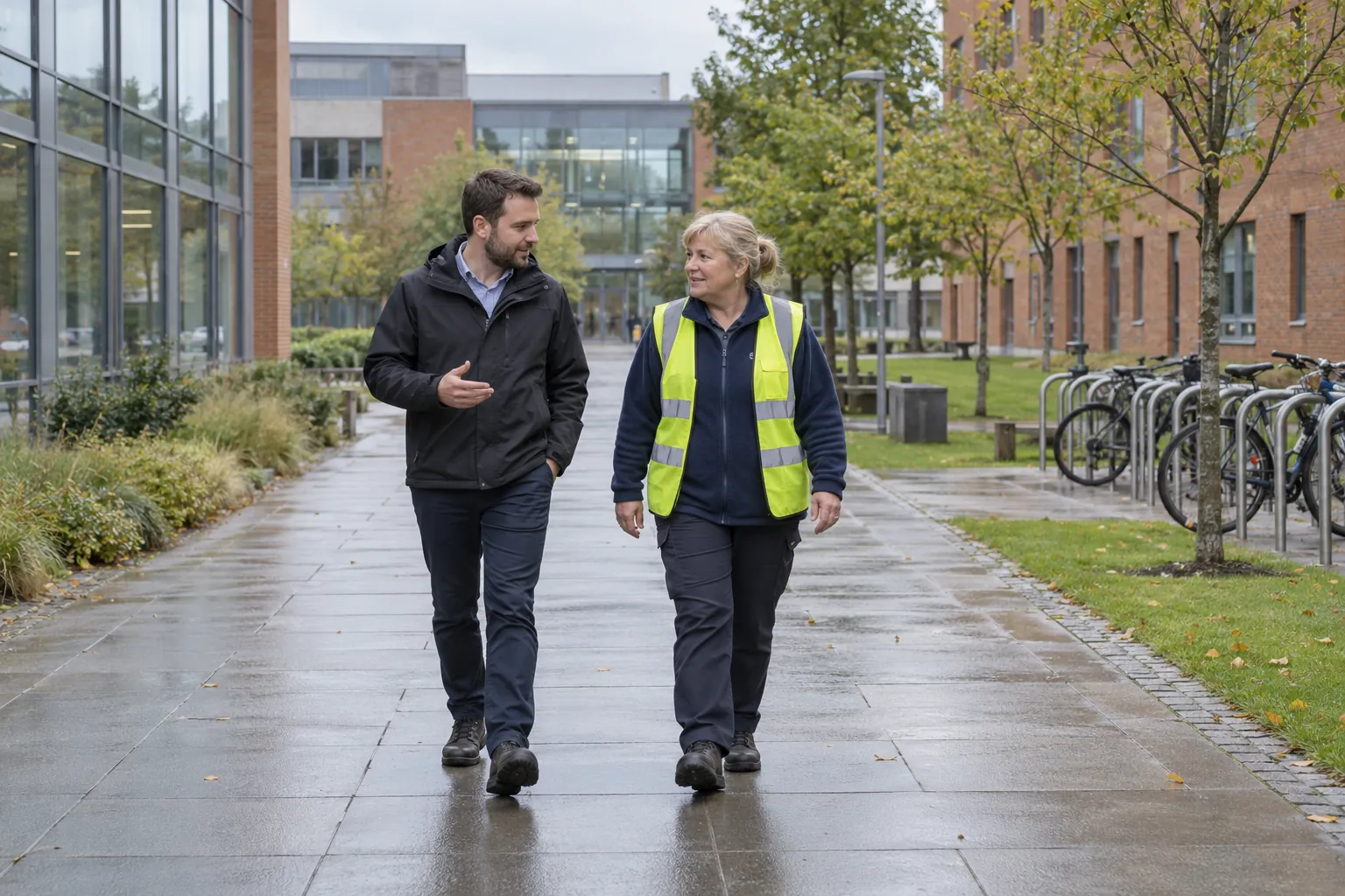 A facilities manager and a campus supervisor walking and talking along a damp paved path between college buildings.