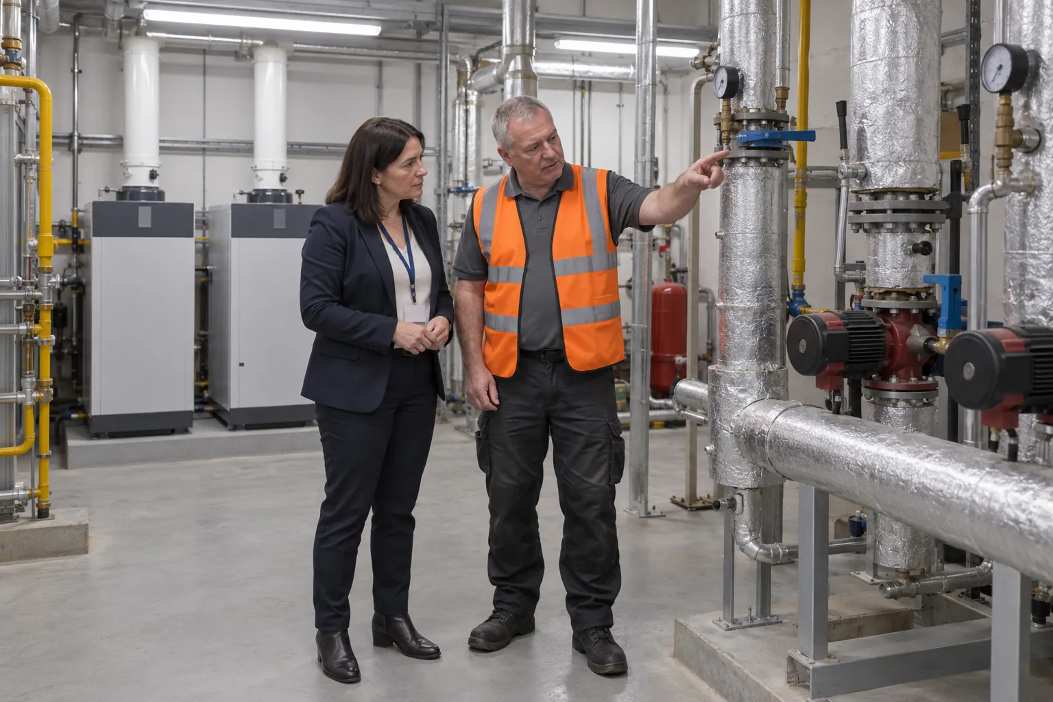A facilities manager and a maintenance technician looking at pipework together in an office building's boiler plant room.