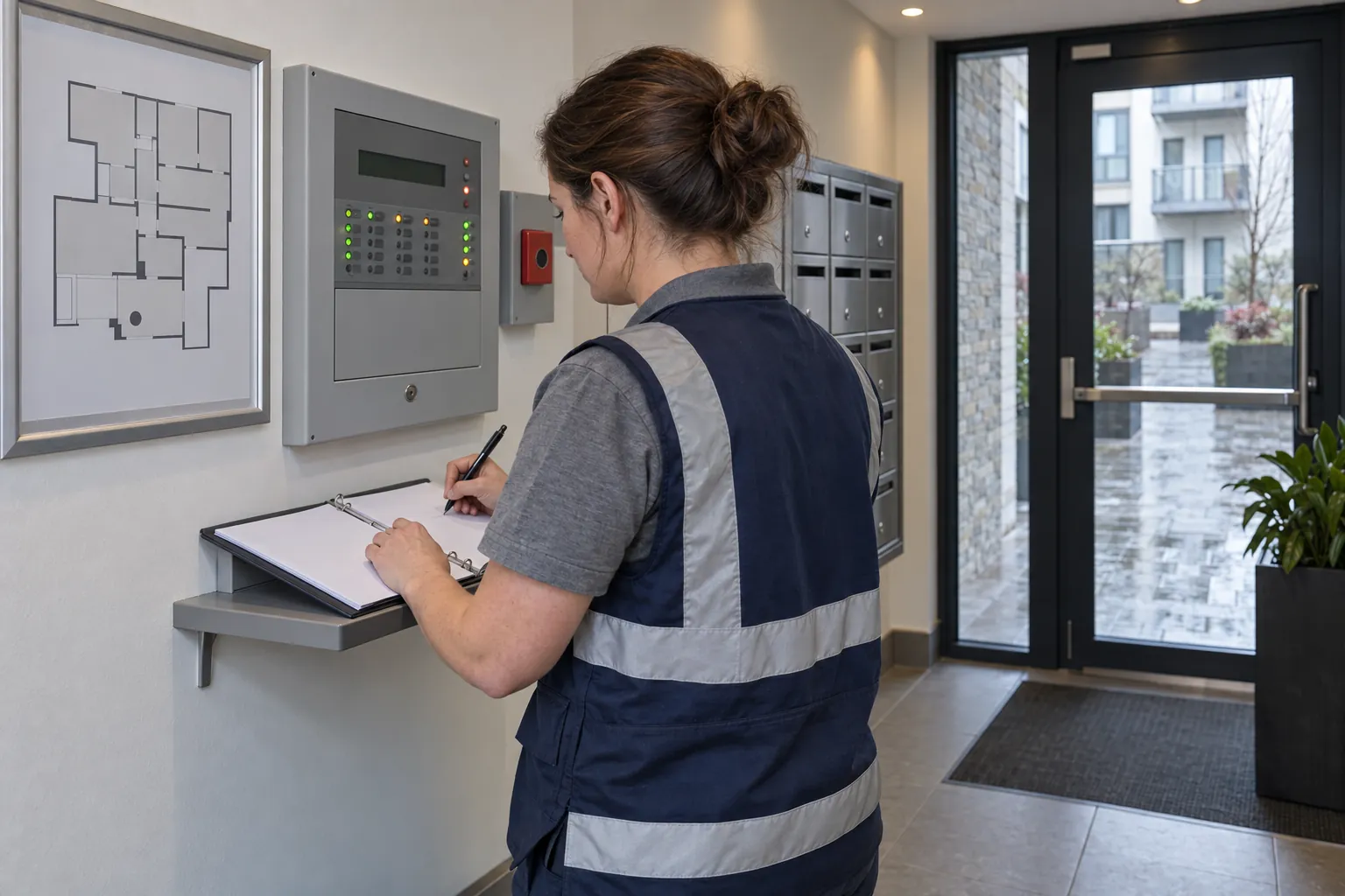 A technician in a high-visibility vest writing in a binder at a fire alarm panel in an apartment block entrance lobby.