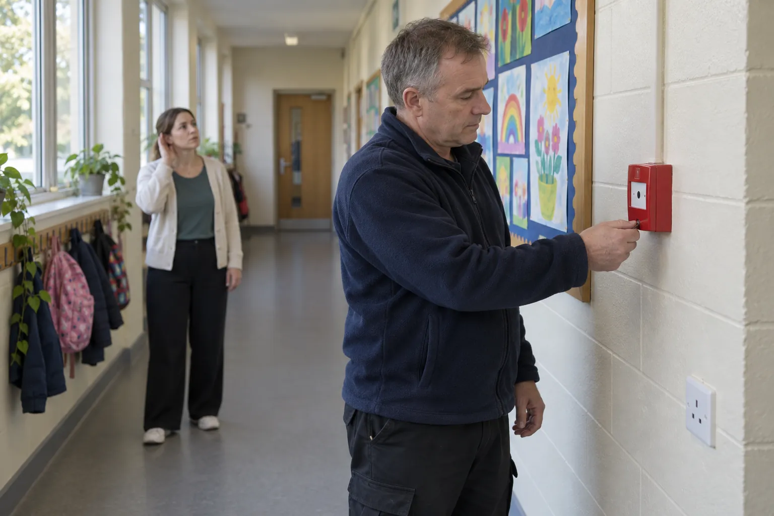 A school caretaker testing a red manual call point with a key in a corridor while a colleague further along listens for the alarm.