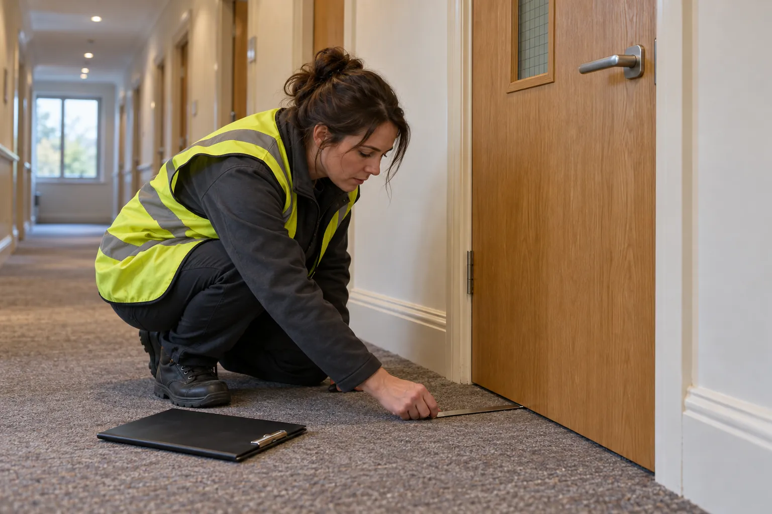 An inspector crouching at the latch edge of a fire door in a hotel corridor, measuring the gap with a feeler gauge.