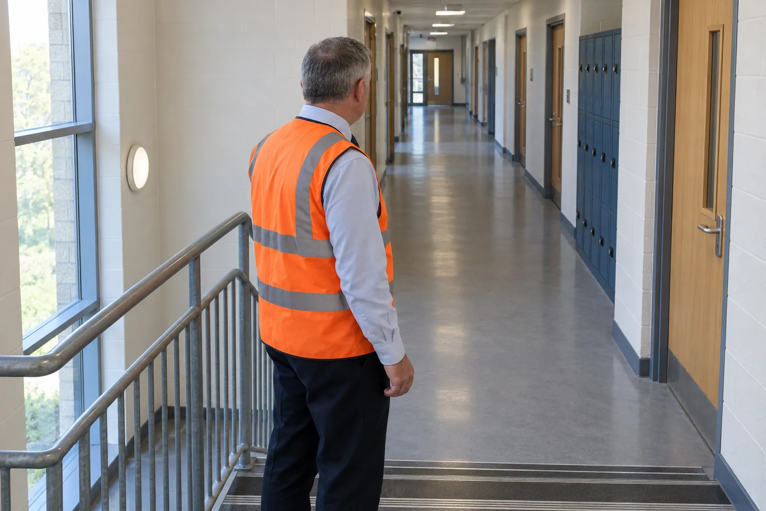 A fire warden at the top of a school stairwell looking back along an empty corridor during a fire drill.