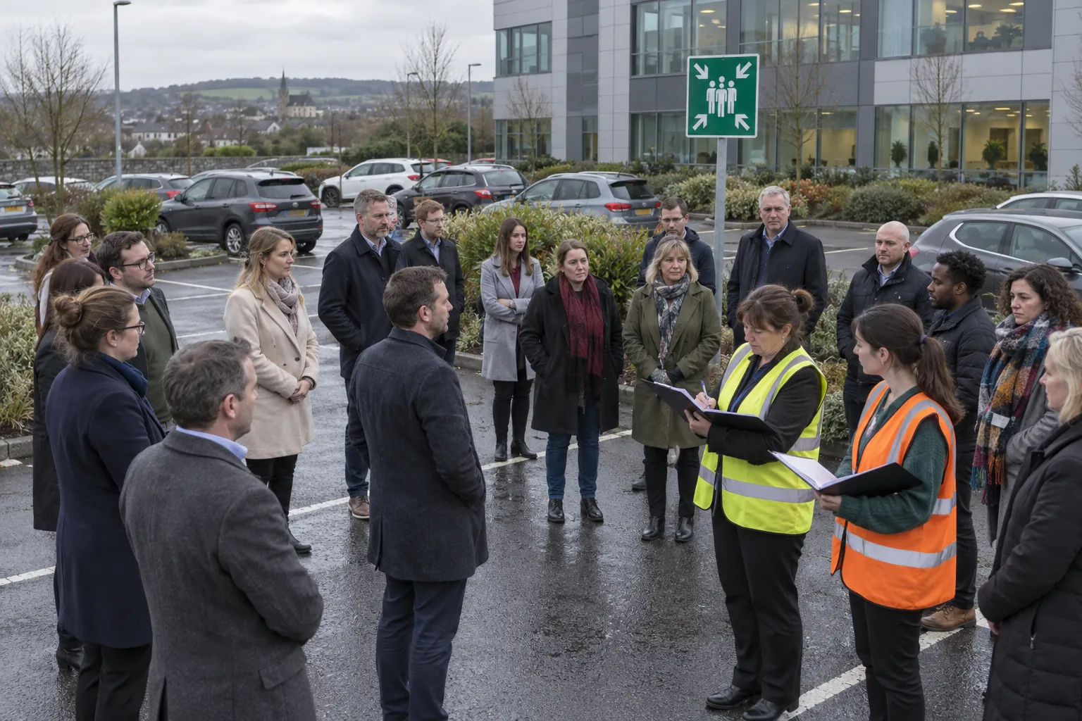Office staff gathered calmly at an assembly point in a business park car park while a fire warden in a high-visibility vest takes a roll call on a clipboard.