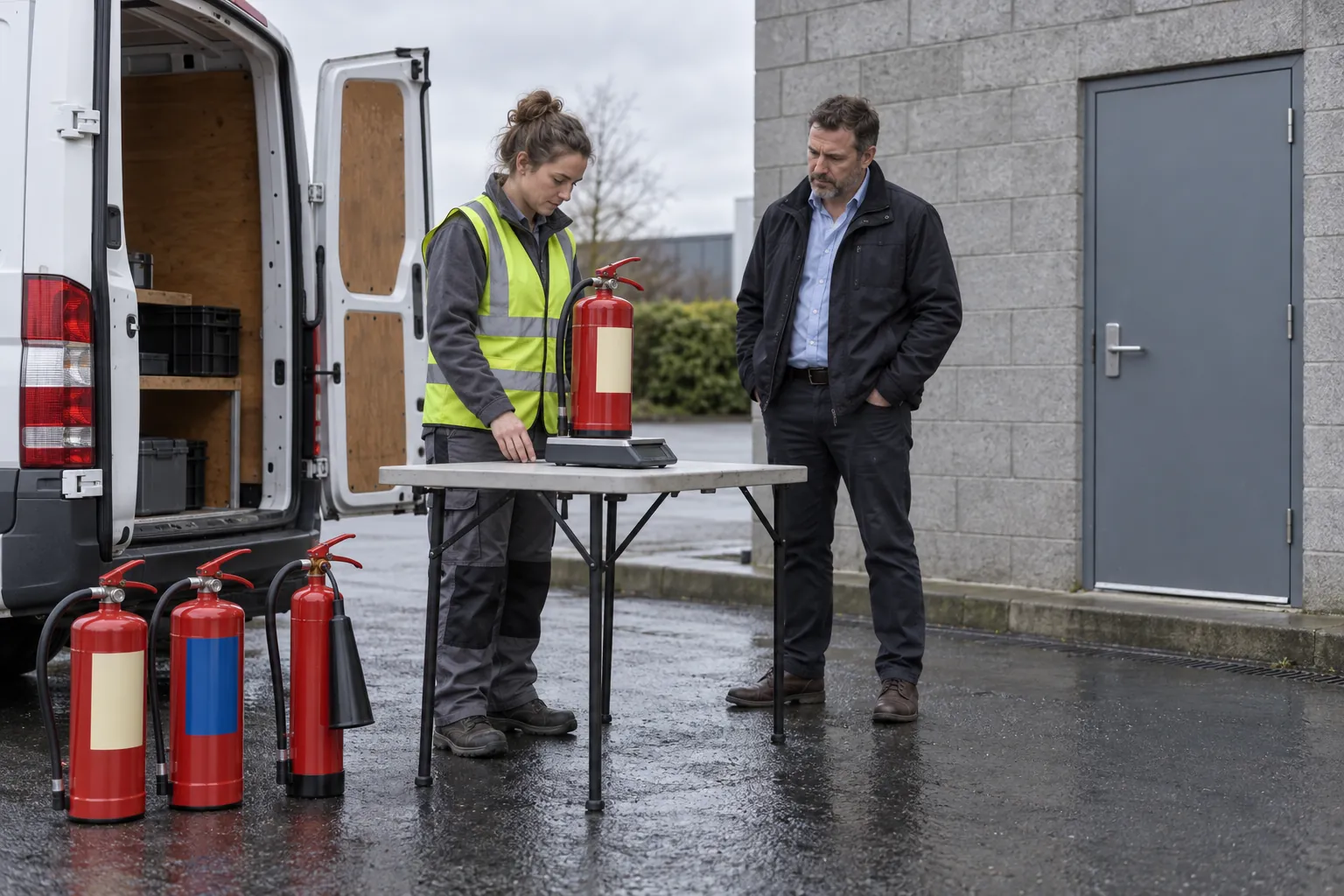 A fire protection technician weighing a red fire extinguisher on a portable scale beside a van while a facilities manager looks on in a service yard.