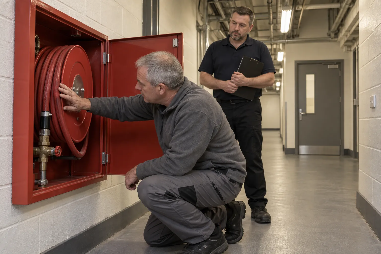 A fire protection engineer kneeling at an open hose reel cabinet in a service corridor, checking the hose while a caretaker looks on with a clipboard.