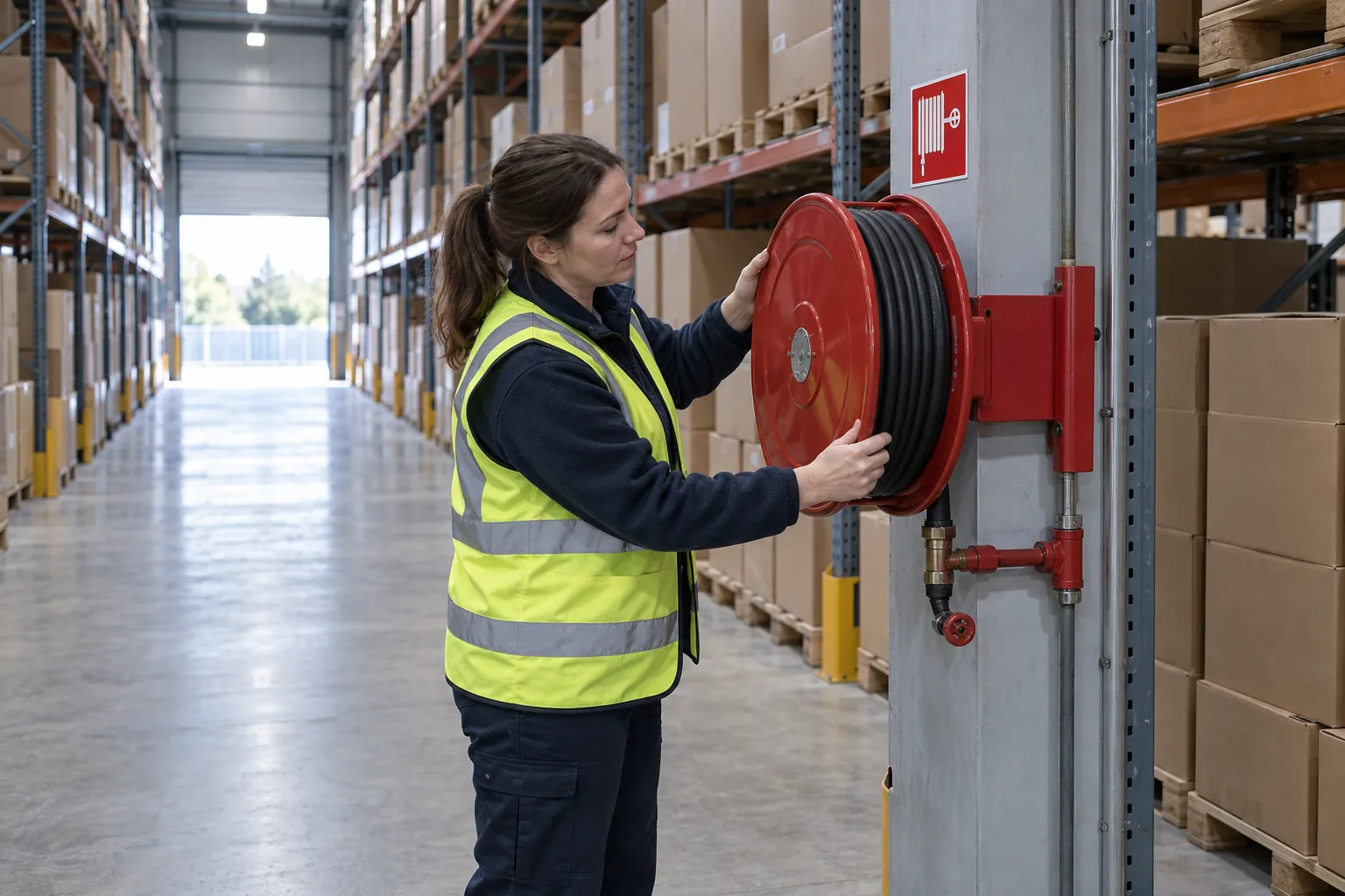 A facilities operative in a hi-vis vest turning the drum of a red wall-mounted fire hose reel beside the racking in a warehouse aisle.