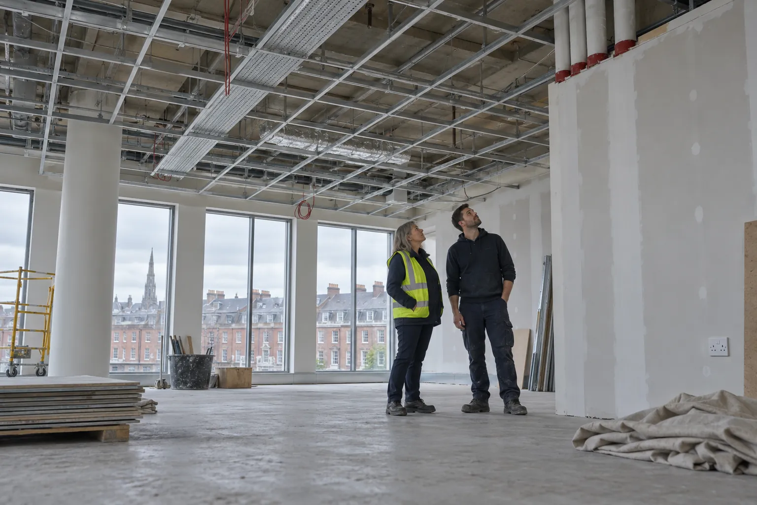A facilities manager and a contractor looking up at pipes with red collars passing through the top of a partition in an office under refurbishment.