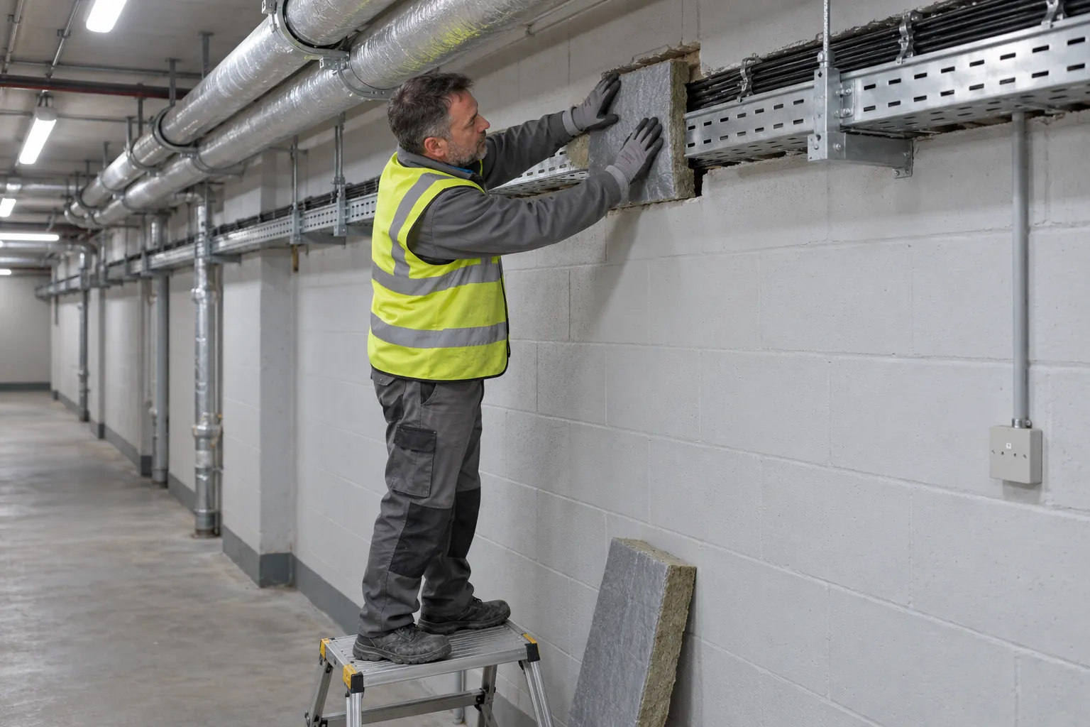 An installer on a low platform fitting a grey batt around a cable tray where it passes through a blockwork wall in a basement corridor.