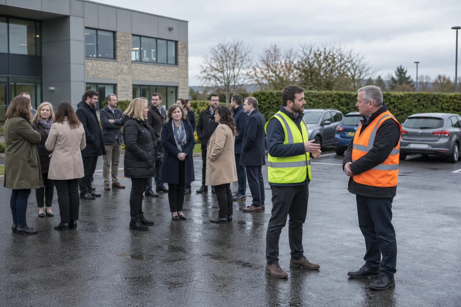 A floor warden reporting to the chief fire warden at an outdoor assembly point during a fire drill, with office staff waiting behind them in a car park.