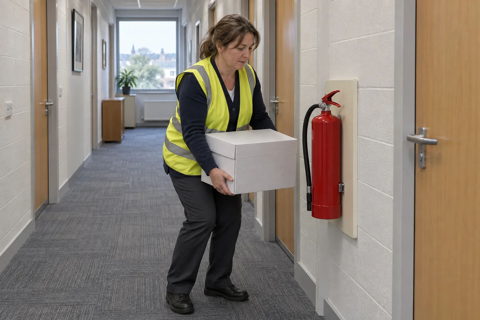 A fire warden moving a box away from a wall-mounted extinguisher on her morning round of an office corridor.