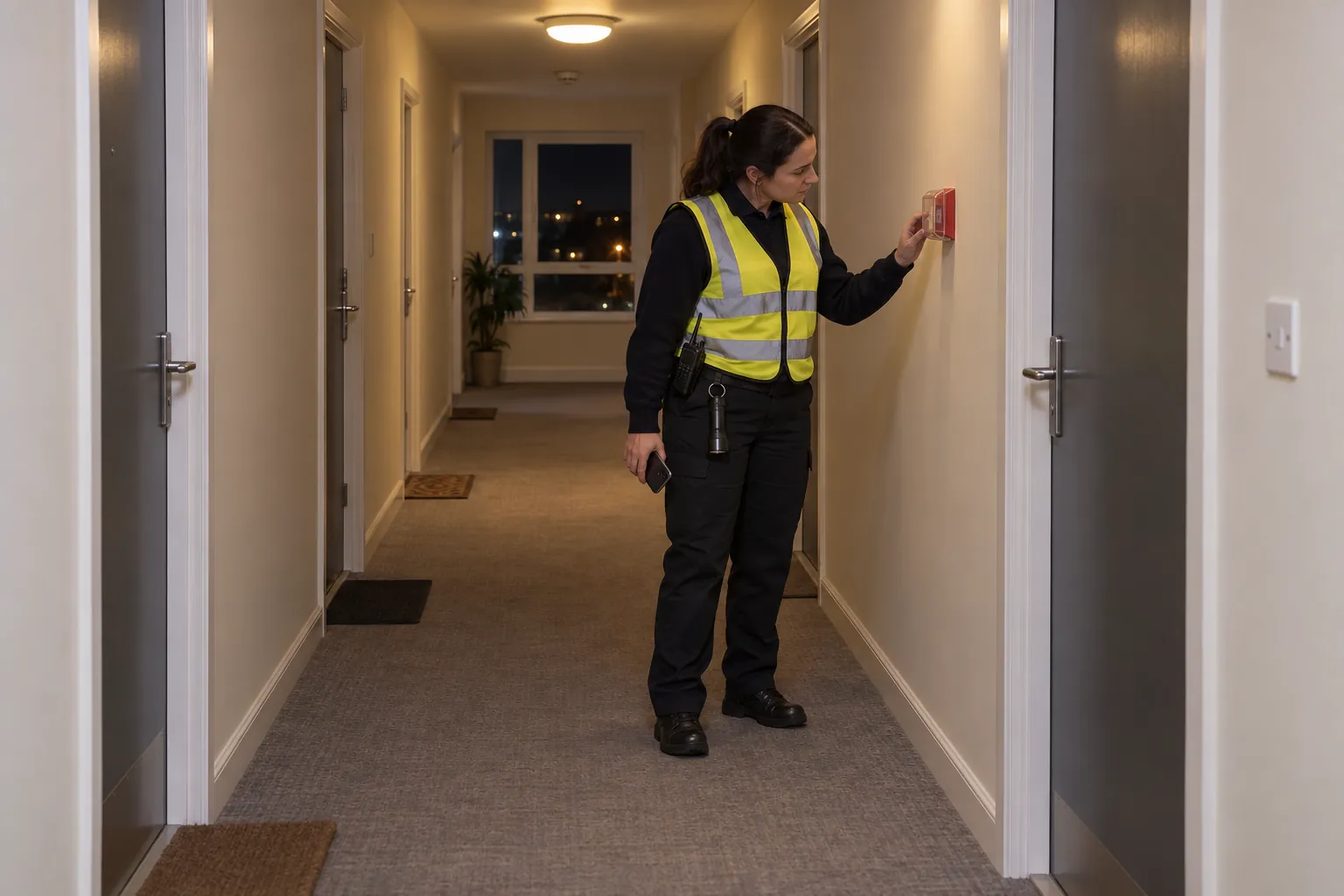 A security officer on a night patrol checking a call point in an apartment block corridor.