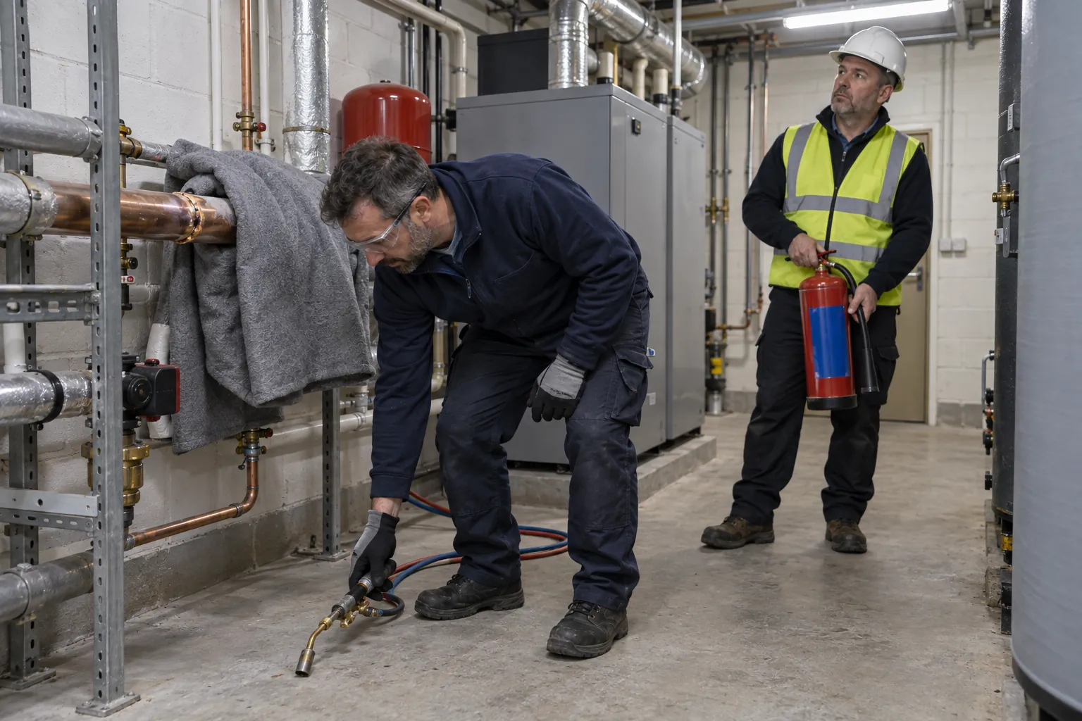 A plumber setting down his brazing torch after a pipe joint while a fire watcher stands by with an extinguisher in a plant room.
