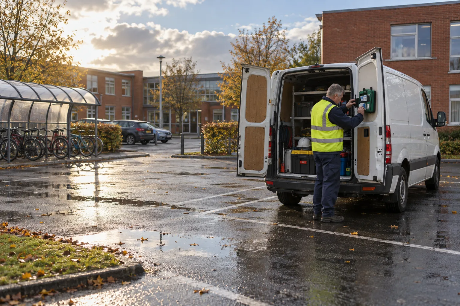 A maintenance technician checking a green first aid travel kit inside the open back doors of a white van in a school yard.