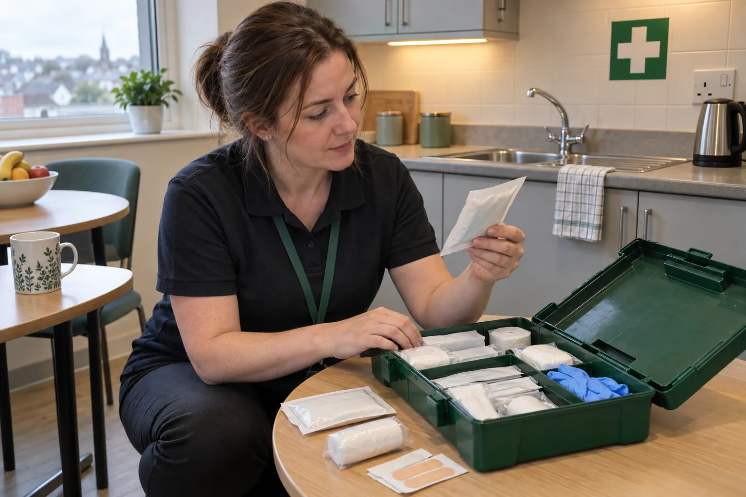 A woman kneeling beside an open green first aid box in a staff kitchen, checking the date on a sealed dressing.