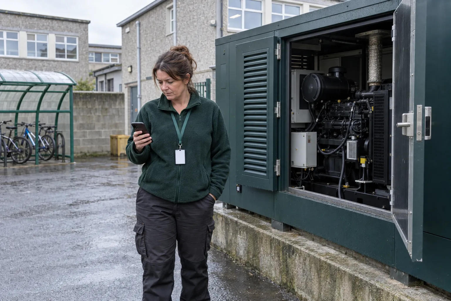 A caretaker standing beside an open steel generator enclosure in a wet school yard, looking at her phone.