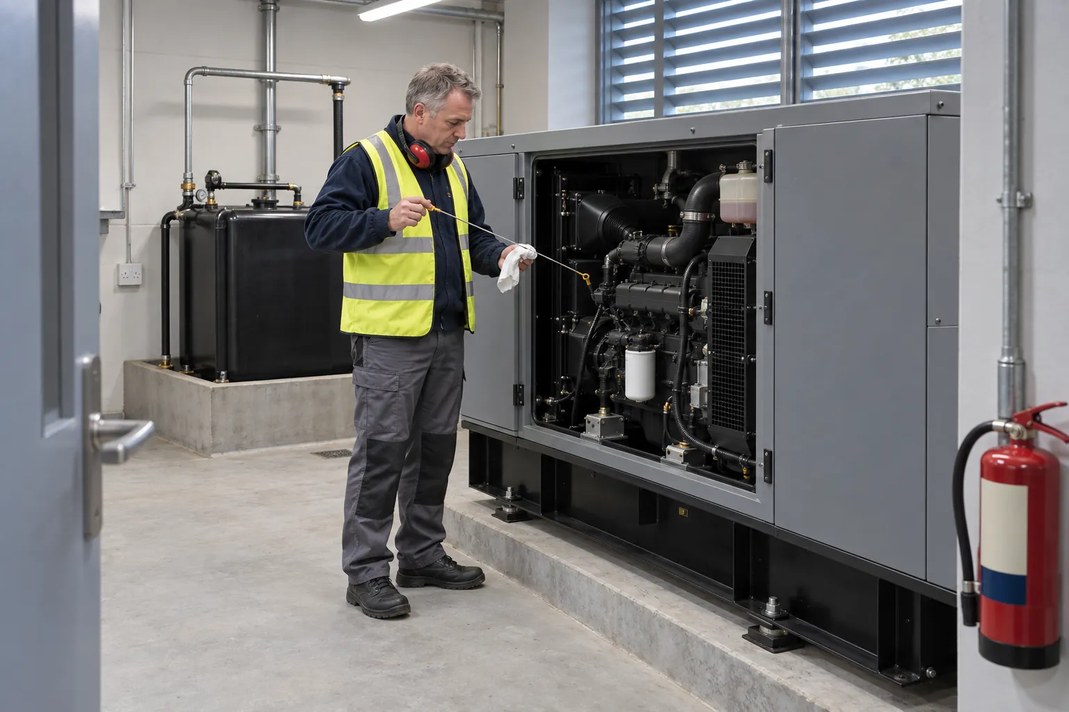 A facilities technician in a plant room checking the oil dipstick on a large grey standby generator.