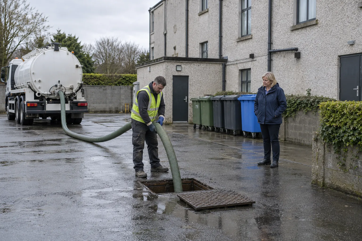 A drainage contractor guiding a suction hose from a tanker into an open grease separator chamber in a hotel yard while a facilities manager watches.