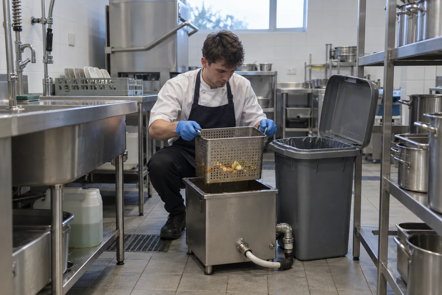 A kitchen porter lifting the food solids basket out of a stainless steel grease removal unit beside a pot-wash sink.
