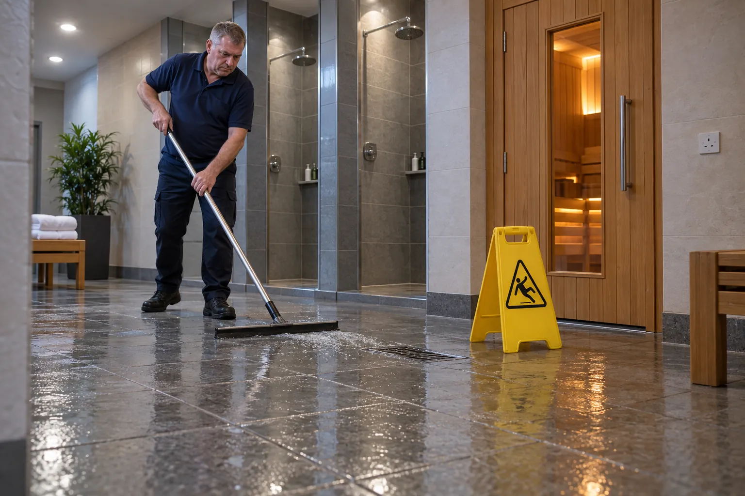A cleaner squeegeeing water towards a drain in a leisure centre wet area, shower cubicles and a sauna door behind him.